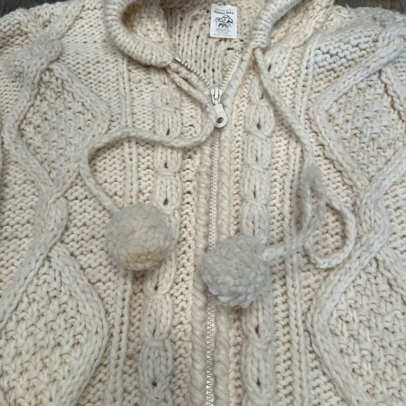 Native Inka 100% Wool Elf Hooded Chunky Sweater Fisherman Cable Pom Pom Long - Picture 11 of 11